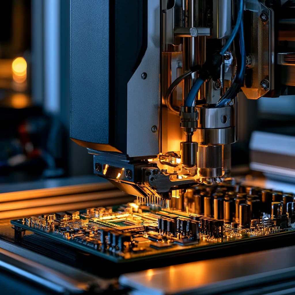Pick-and-place head positioning components over a populated circuit board on an SMT line.
